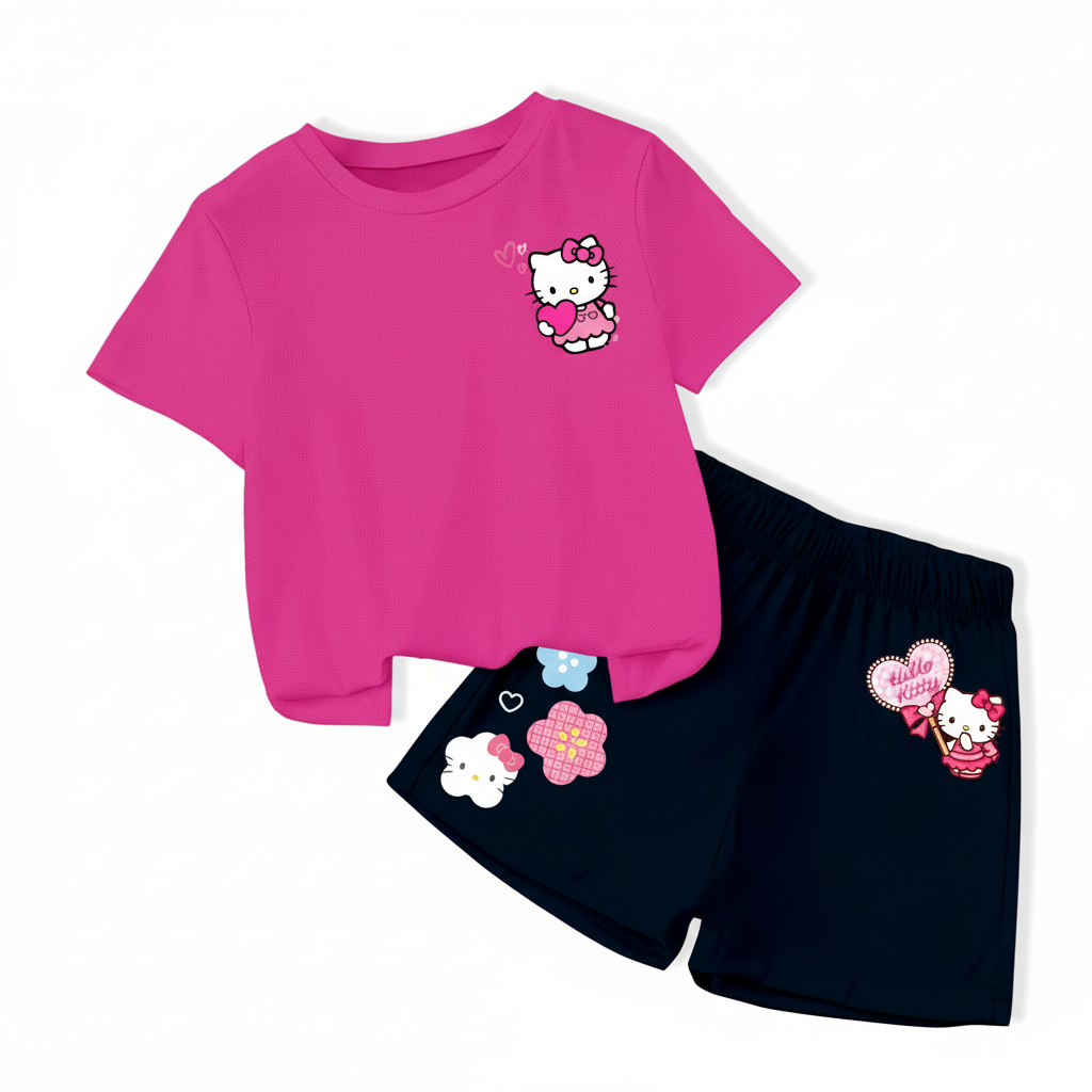 Hello Kitty Double Sided Print T Shirt And Shorts Set For Girls