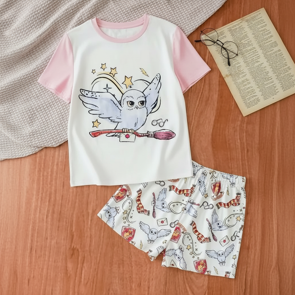 2 Piece Owl Printed Pajama Set With T Shirt And Shorts For Girls