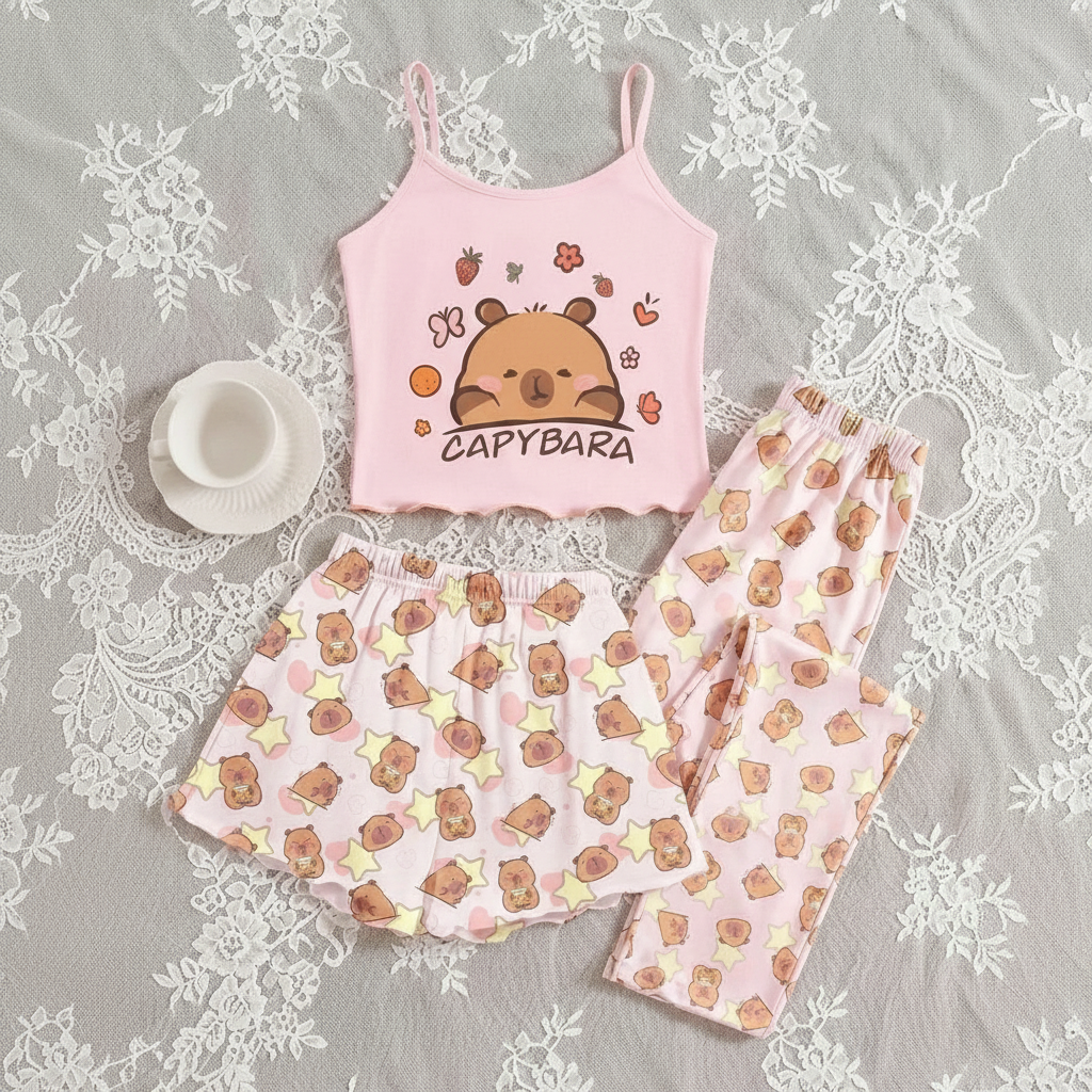 3 Pieces Knit Loungewear Set With Camisole And Pants For Girls