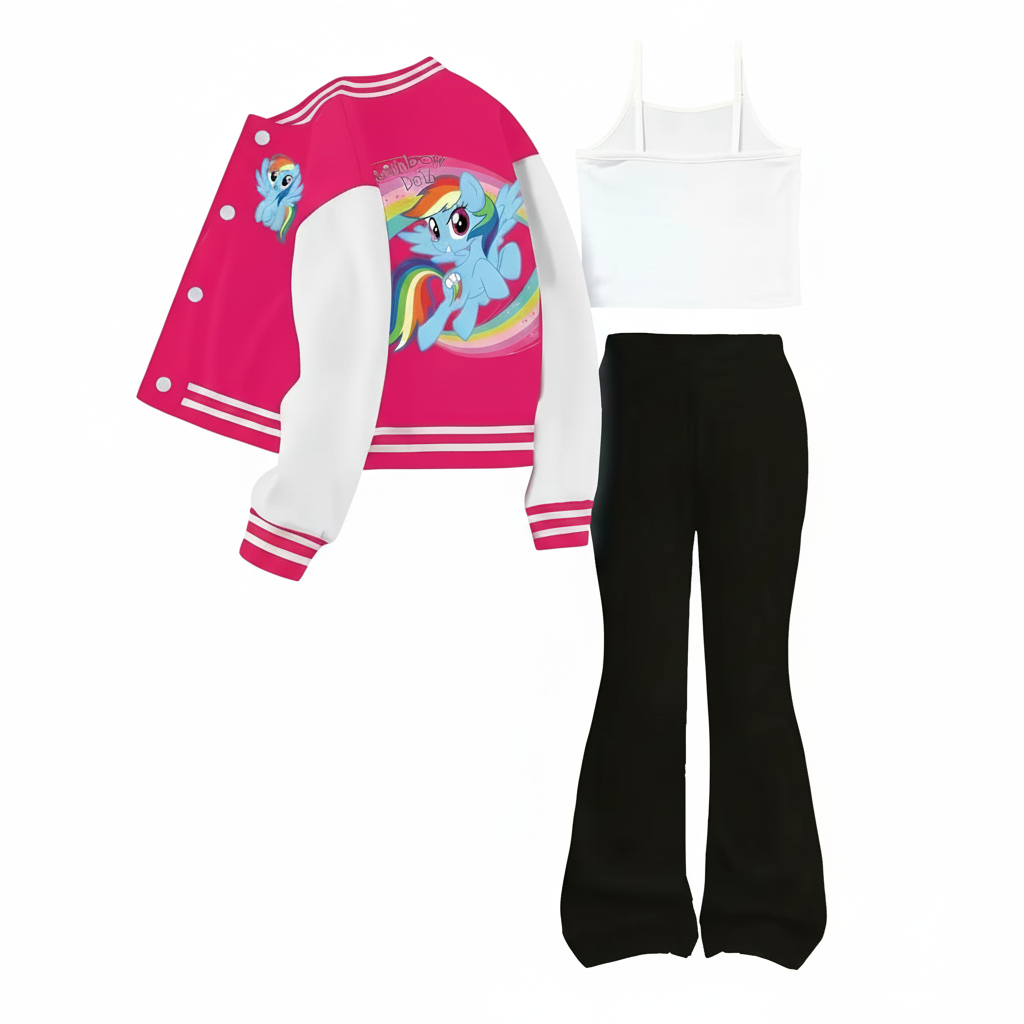 Little Pony Inspired 3 Piece With Top Jacket And Flared Pants Set