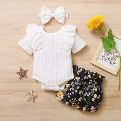 Newborn Baby Girl Short Ruffled Sleeve 3 Pcs Clothes Set