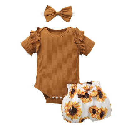 Newborn Baby Girl Short Ruffled Sleeve 3 Pcs Clothes Set