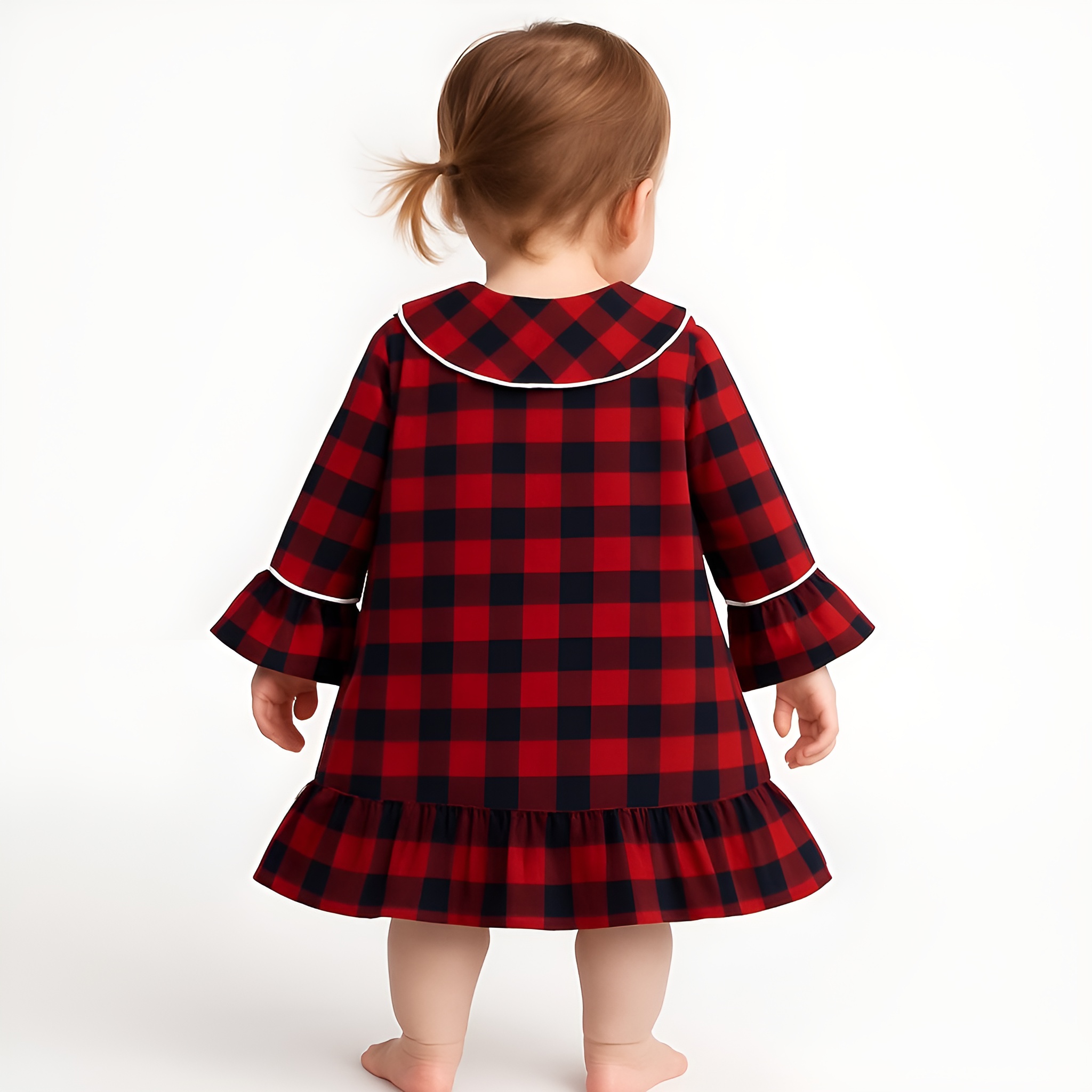 Check Ruffle Hem Long Sleeve Dress