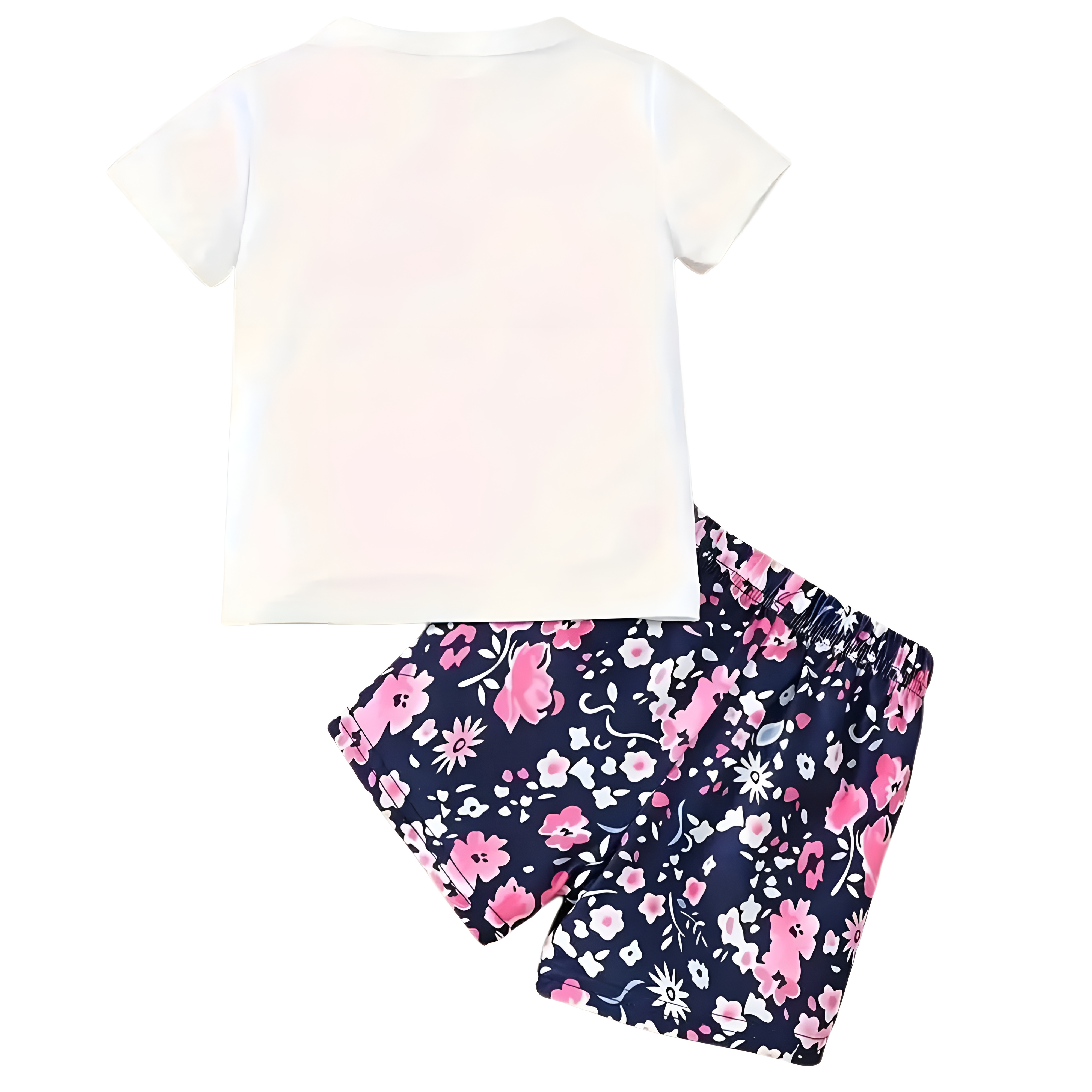 Baby Girl Cartoon Print Round Neck Top and Floral Shorts Two Piece Set