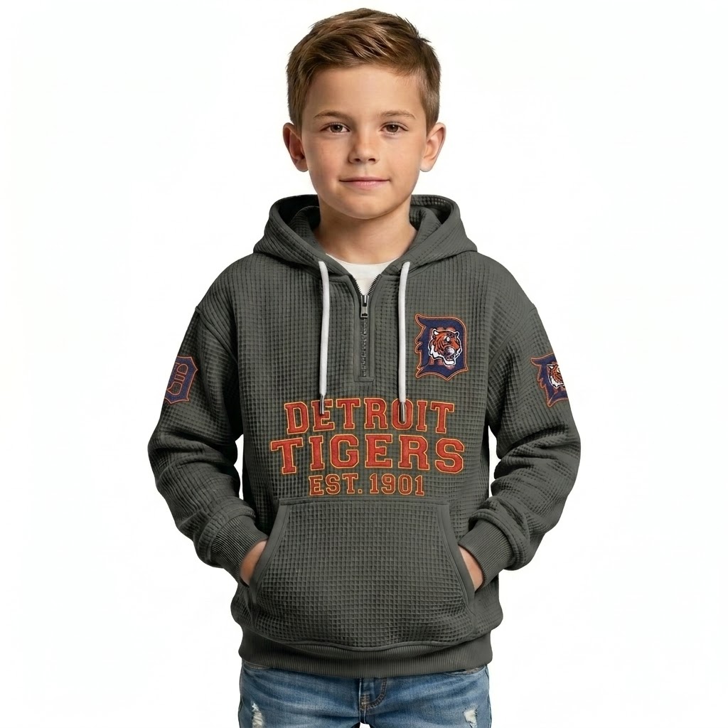 Detroit Tigers EST 1901 Printed Waffle Quarter Zip Baseball Fan Hoodie For Kids