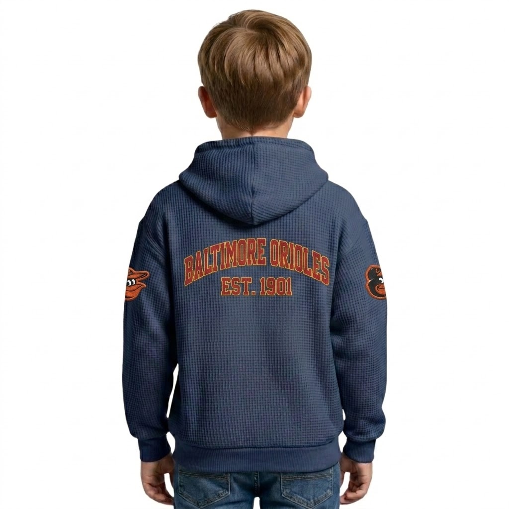 Baltimore Orioles EST 1901 Printed Waffle Quarter Zip Baseball Fan Hoodie For Kids