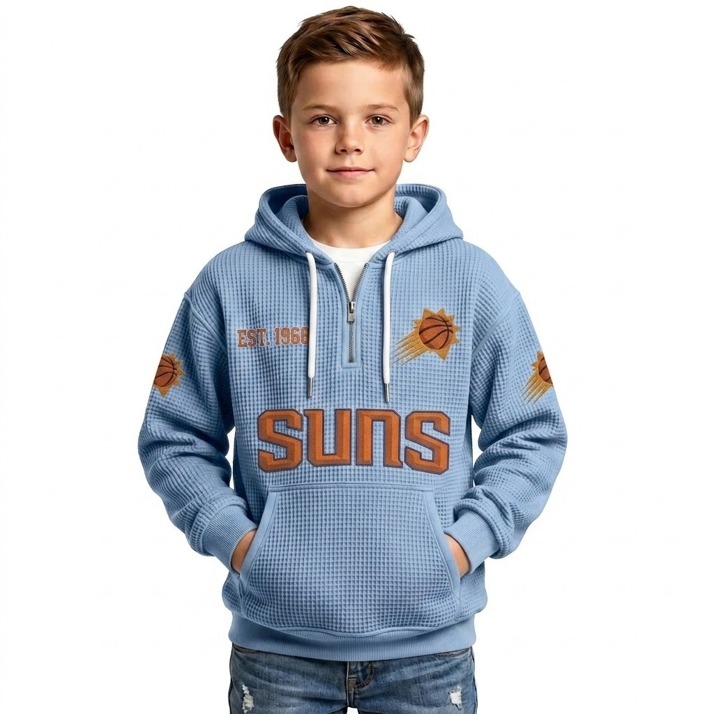 Phoenix Suns EST 1968 Printed Waffle Quarter Zip Basketball Fan Hoodie For Kids