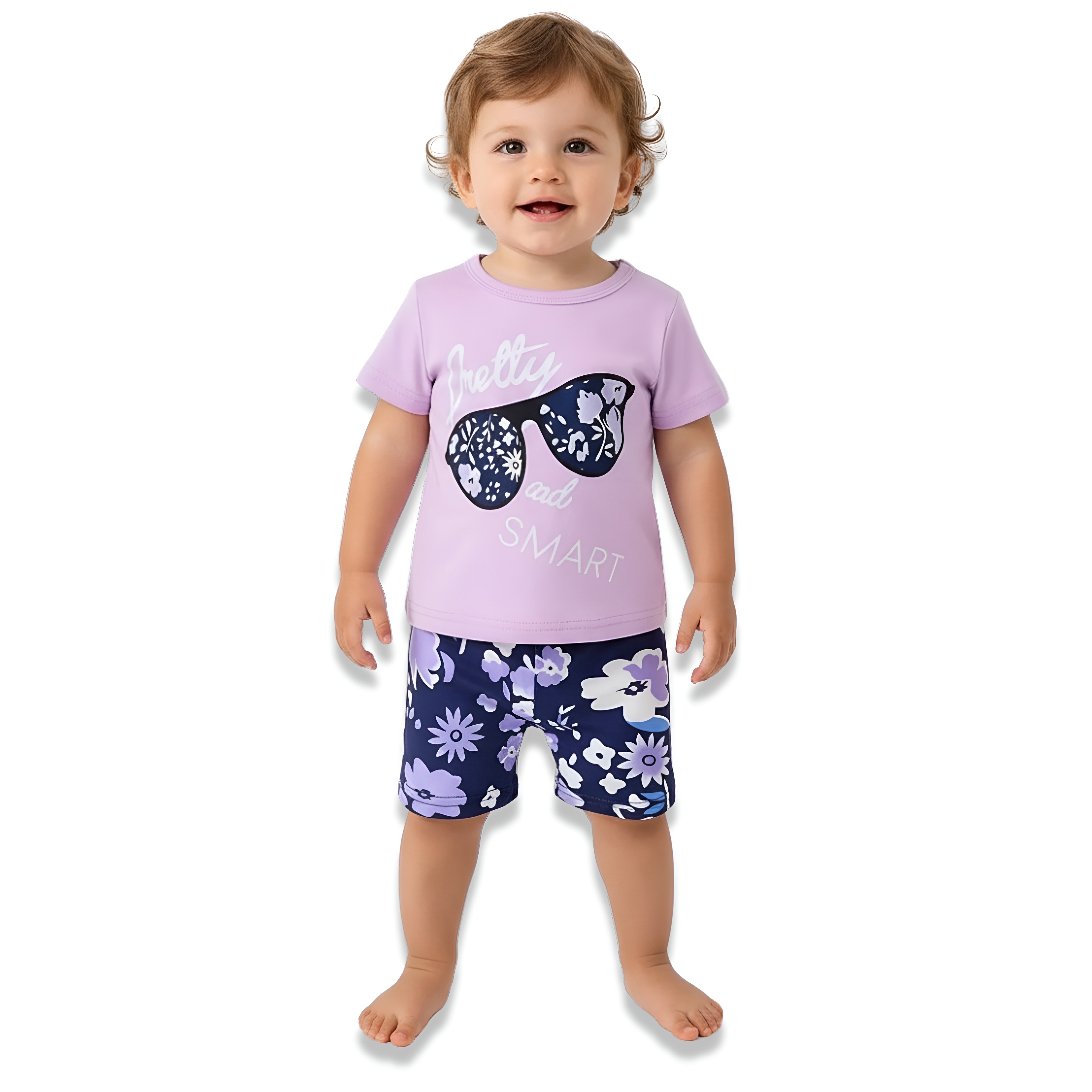 Baby Girl Cartoon Print Round Neck Top and Floral Shorts Two Piece Set