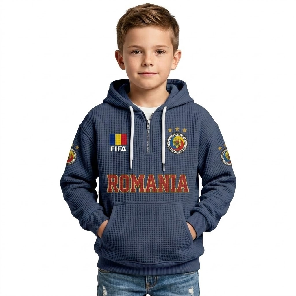 FIFA 2026 Romania Printed Waffle Quarter Zip Football Fan Hoodie For Kids