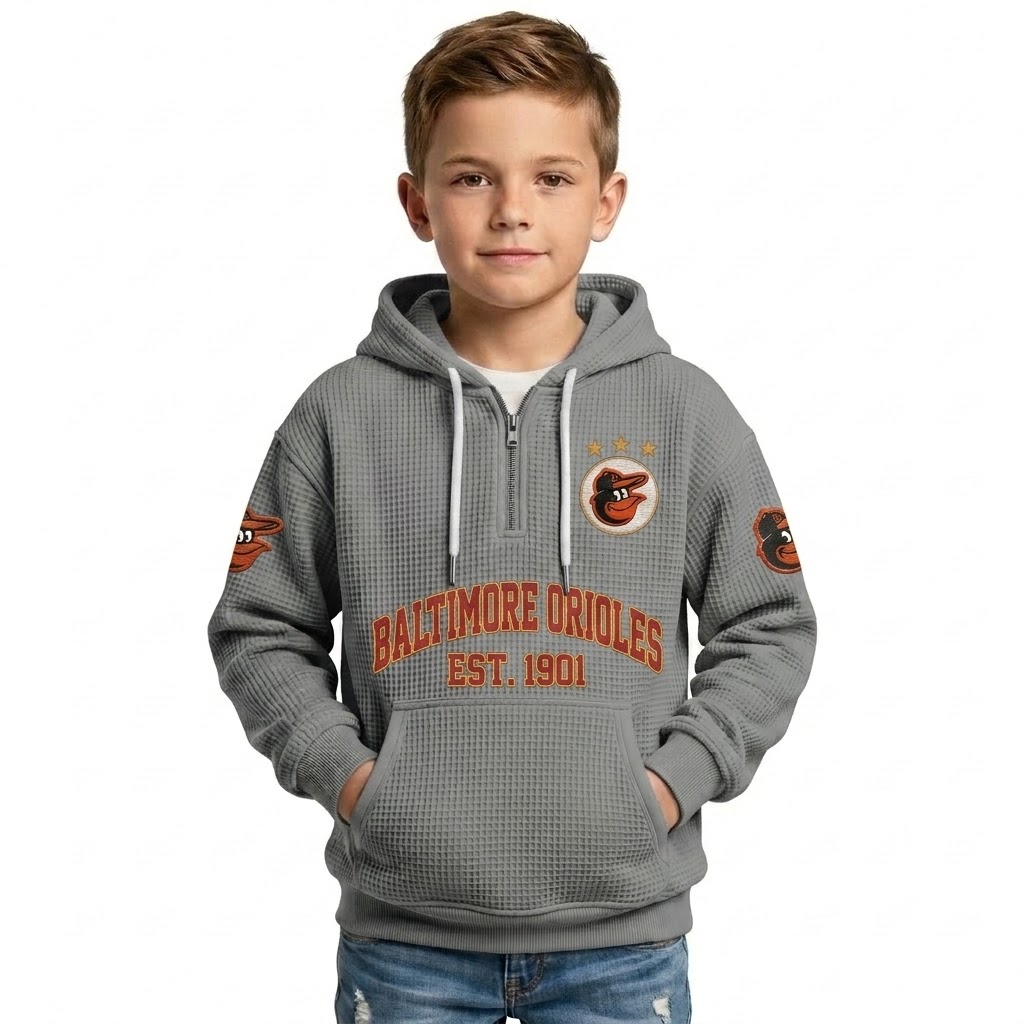 Baltimore Orioles EST 1901 Printed Waffle Quarter Zip Baseball Fan Hoodie For Kids