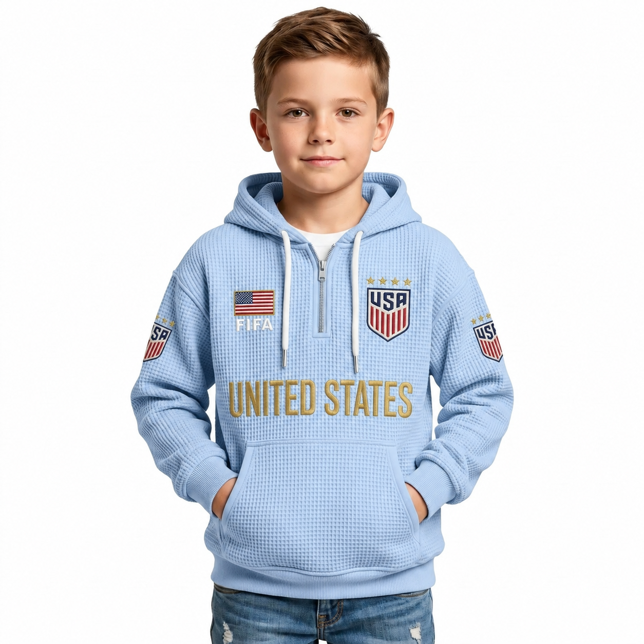 FIFA 2026 United States Printed Waffle Quarter Zip Football Fan Hoodie For Kids