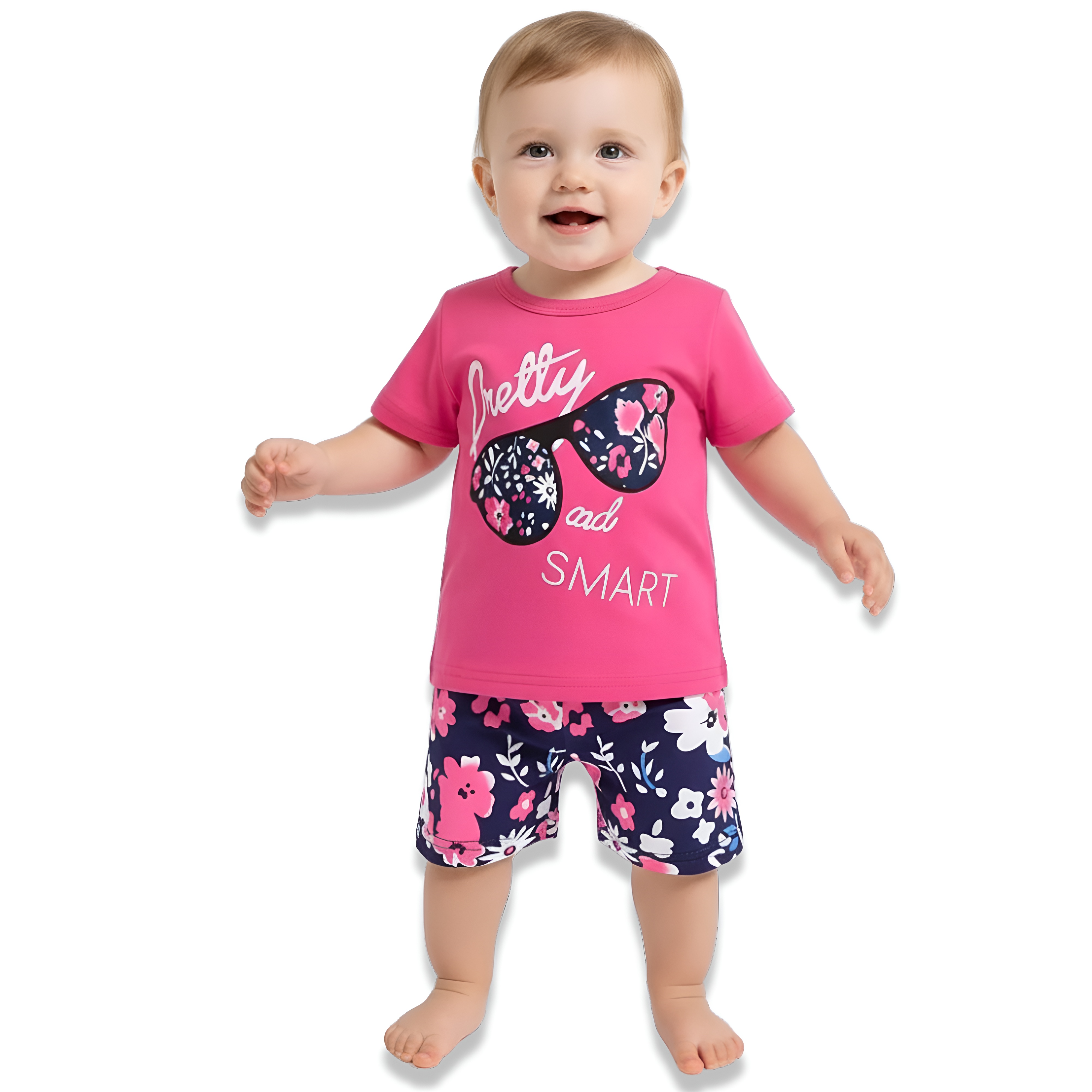 Baby Girl Cartoon Print Round Neck Top and Floral Shorts Two Piece Set