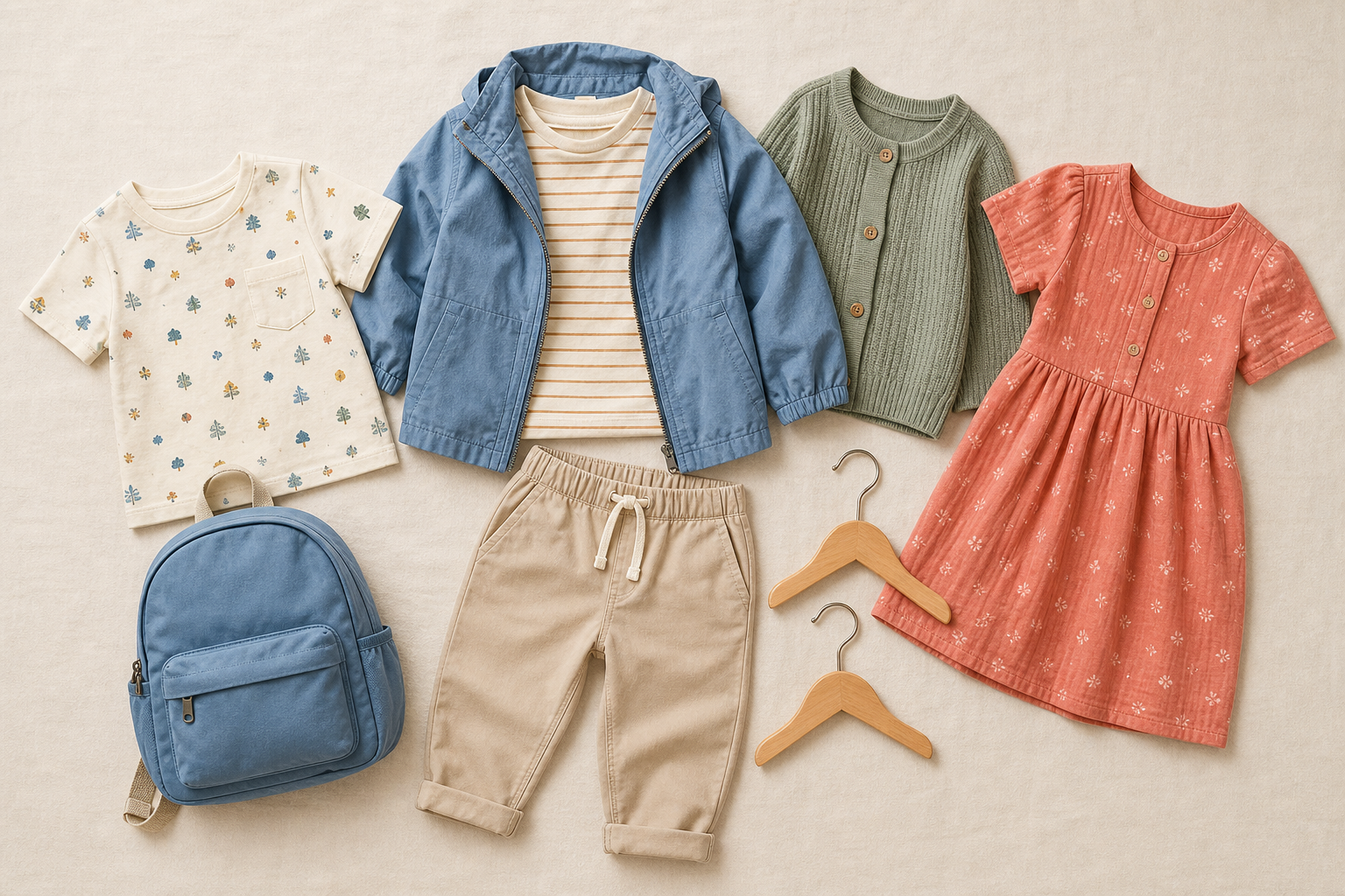 Ten-piece children's back-to-school capsule wardrobe arranged in a neutral flat lay