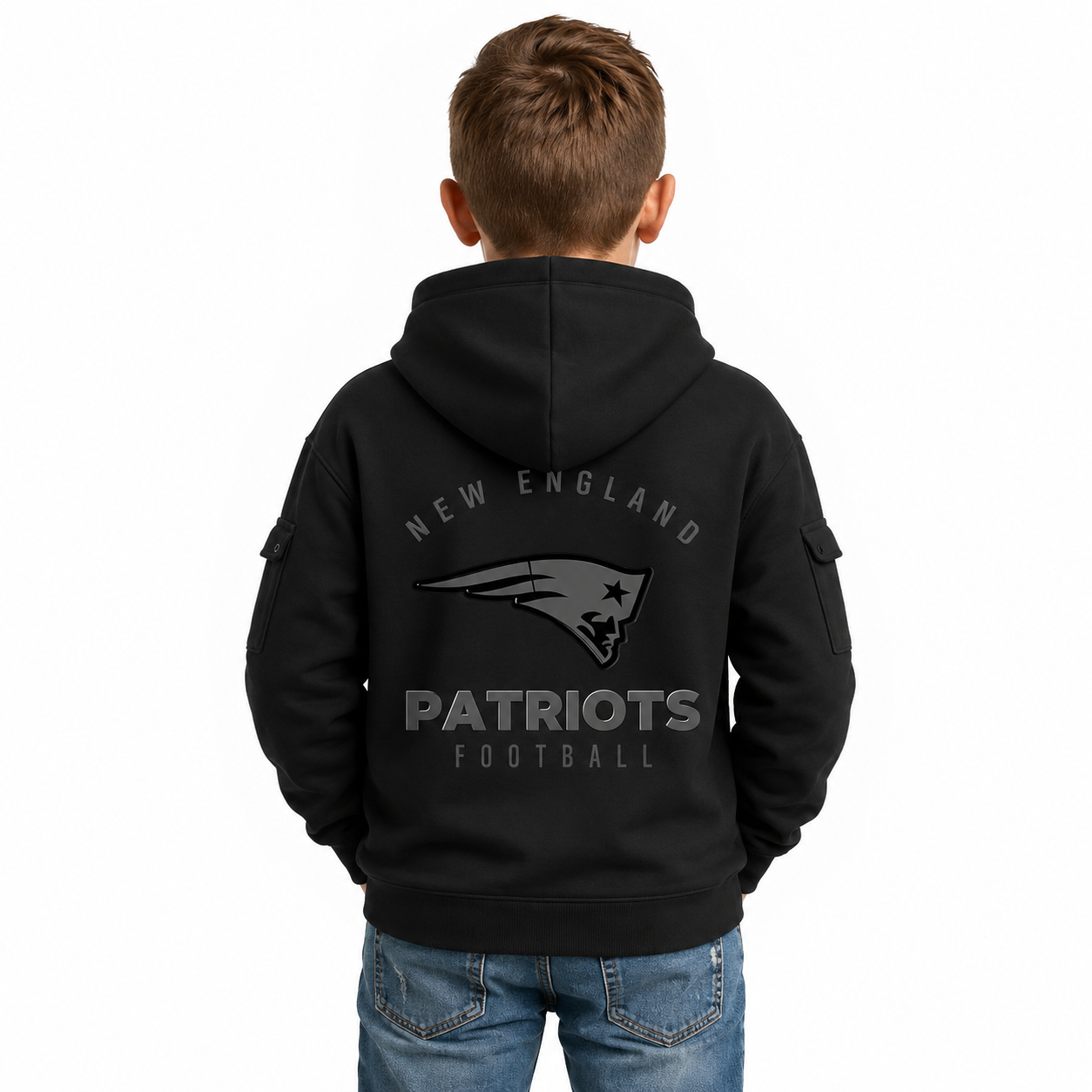 New England Patriots Football Team Themed Hoodie With Half Zip And Back Print For Kids