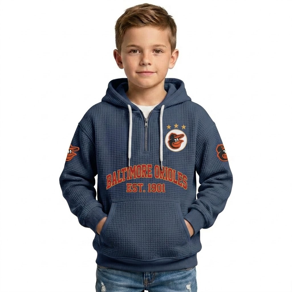 Baltimore Orioles EST 1901 Printed Waffle Quarter Zip Baseball Fan Hoodie For Kids