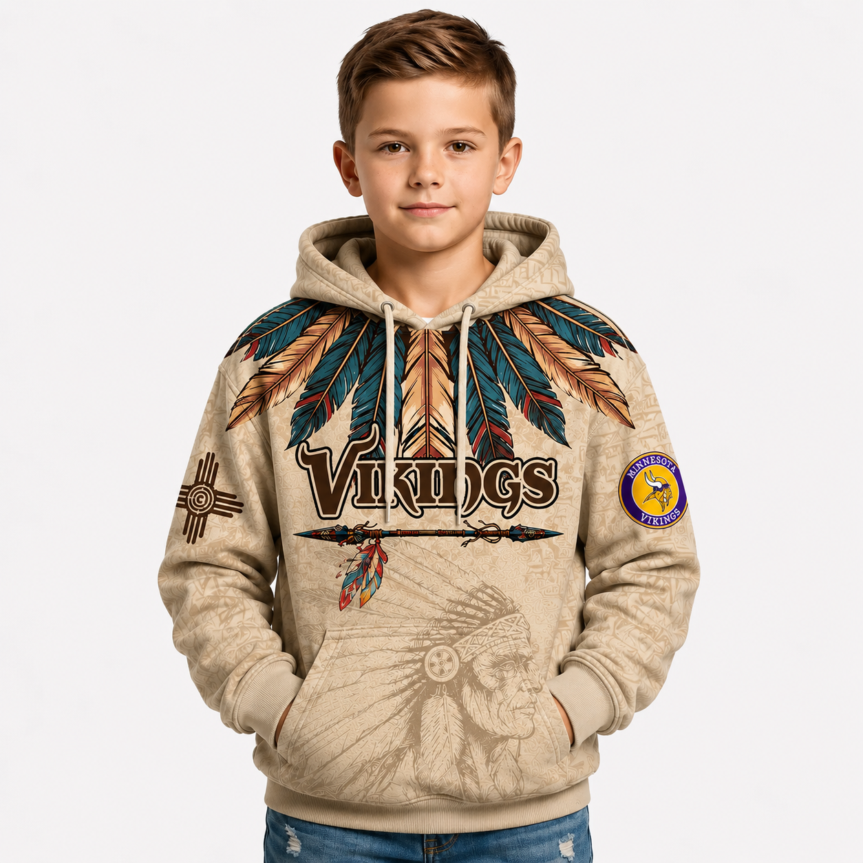 Minnesota Vikings Football Team Themed Hoodie With Native American Design For Kids