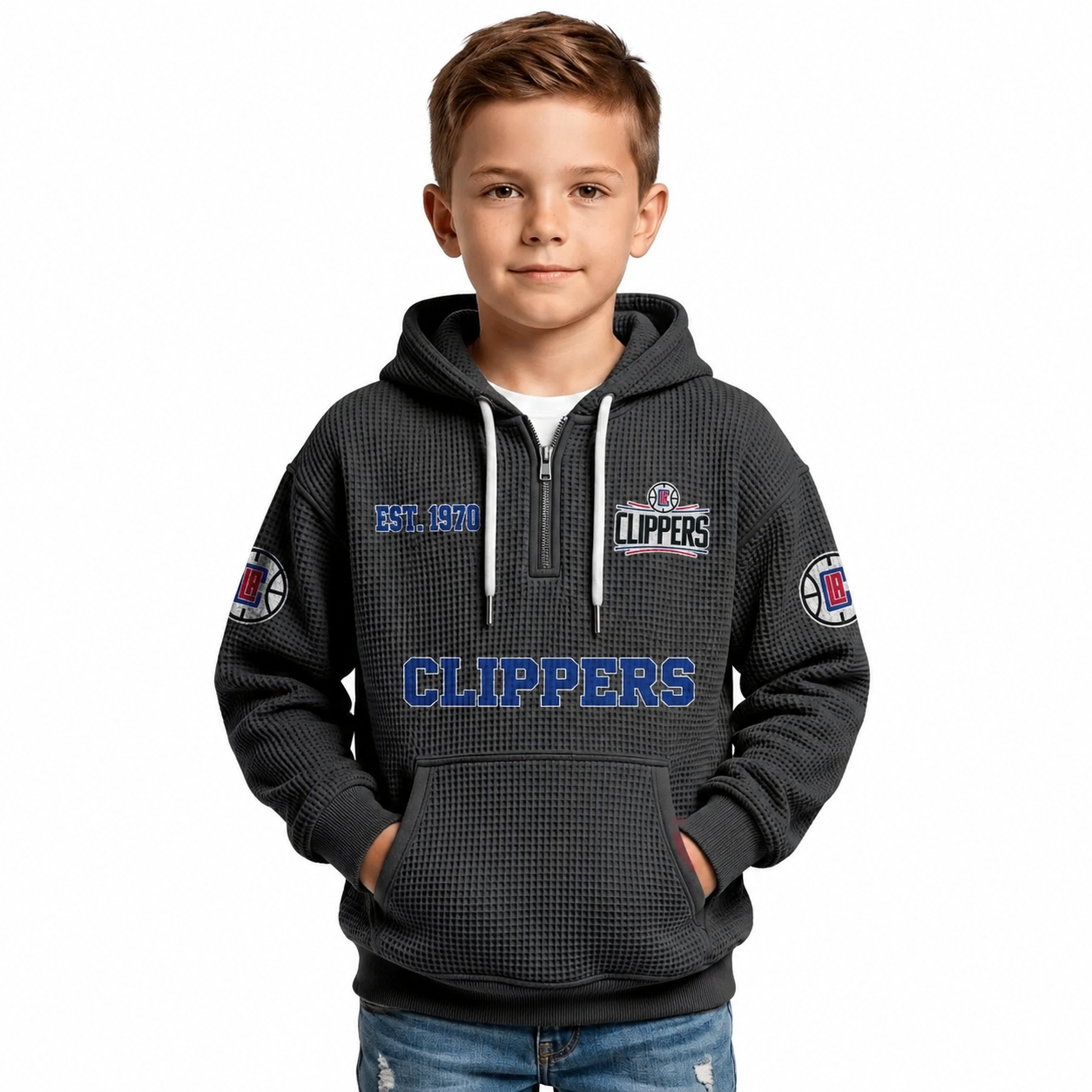 LA Clippers EST 1970 Printed Waffle Quarter Zip Basketball Fan Hoodie For Kids