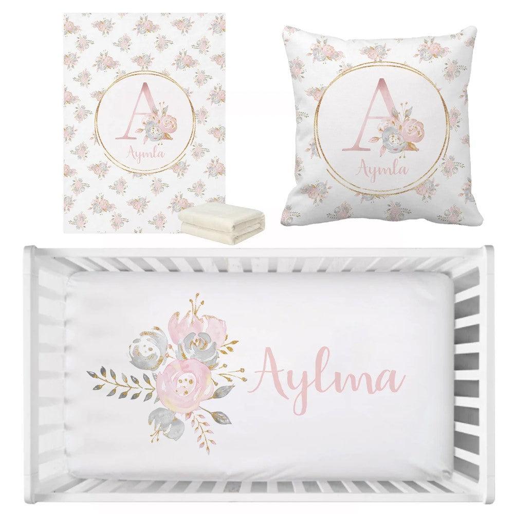 3 Pieces Personalized Blush Gold Floral Bedding Set-Children Cloth Shop