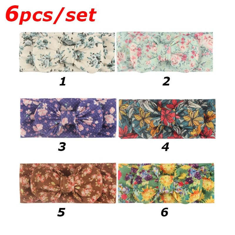6Pcs Flower Print Bow Headband For Girls-Children Cloth Shop