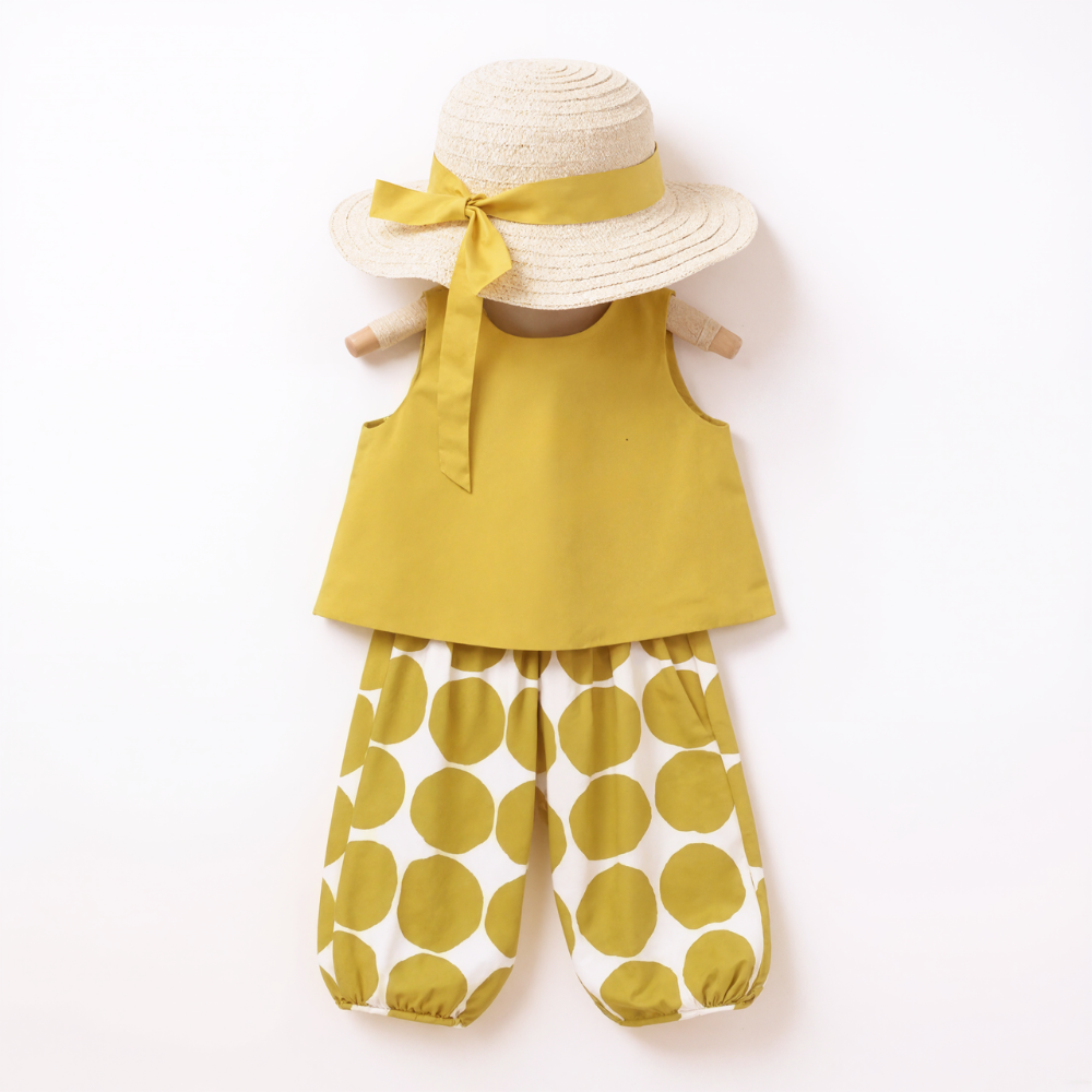 Toddler Two Piece Yellow Top and Pant Set with Hat