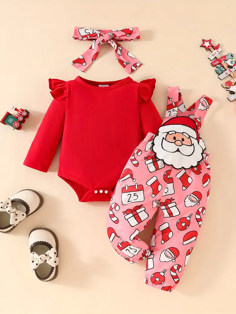 3pcs cute girls christmas long sleeve top and pants set with santa and gingerbread elements stylish holiday gift outfit   outdoor 1