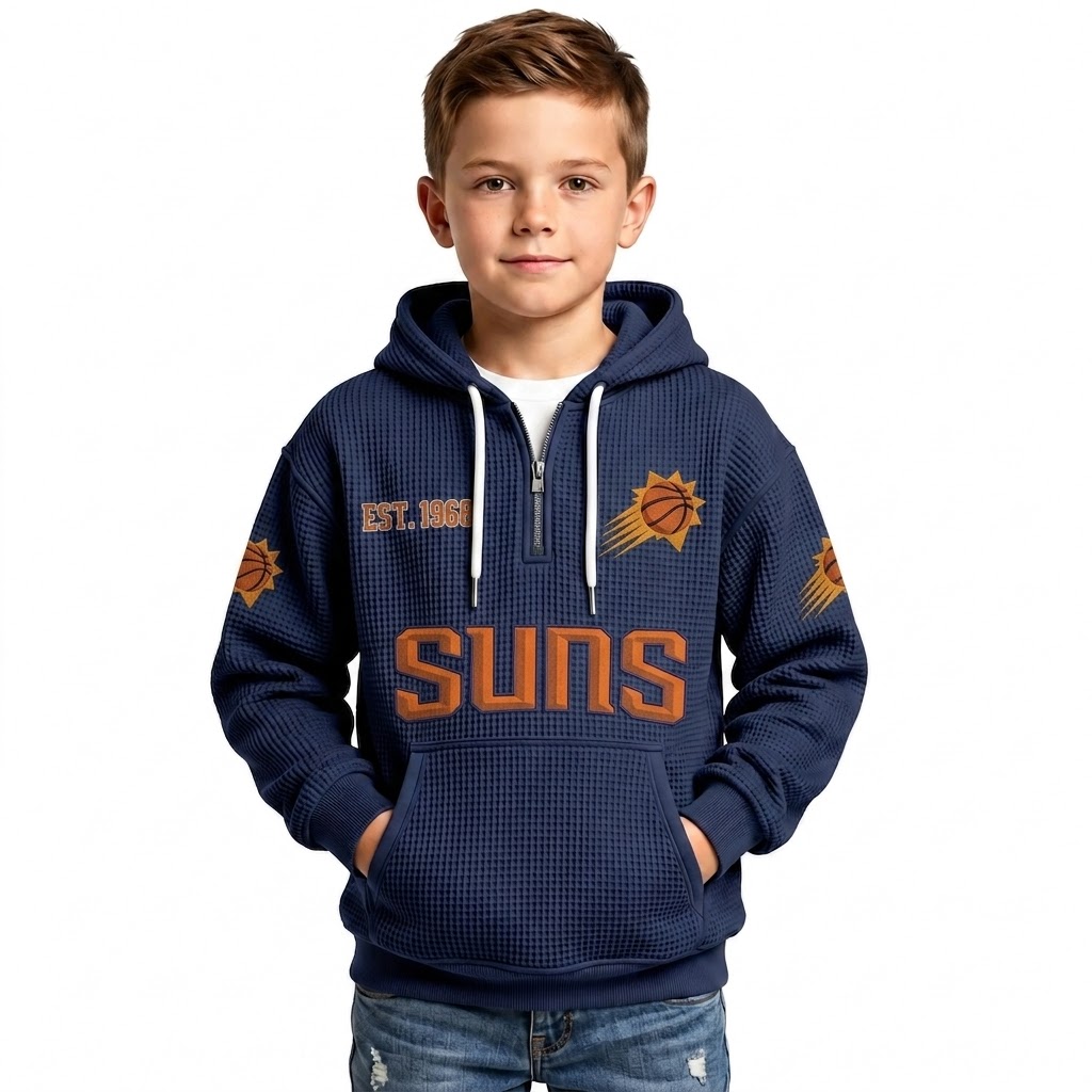 Phoenix Suns EST 1968 Printed Waffle Quarter Zip Basketball Fan Hoodie For Kids
