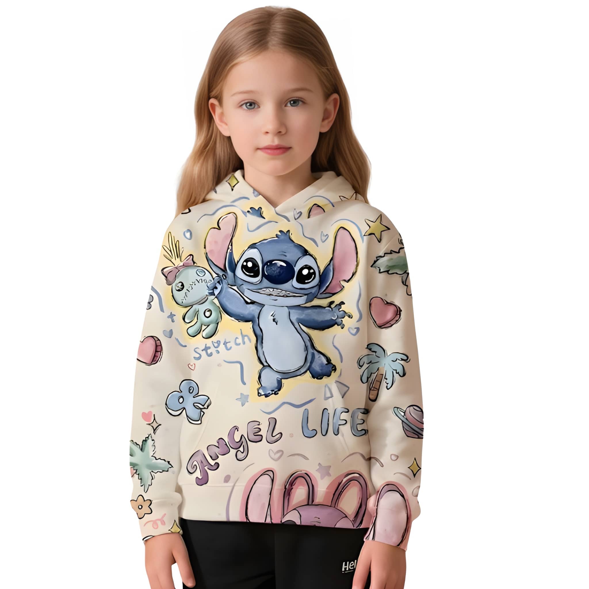 Stitch Cartoon Print Long Sleeve Hoodie For Girls
