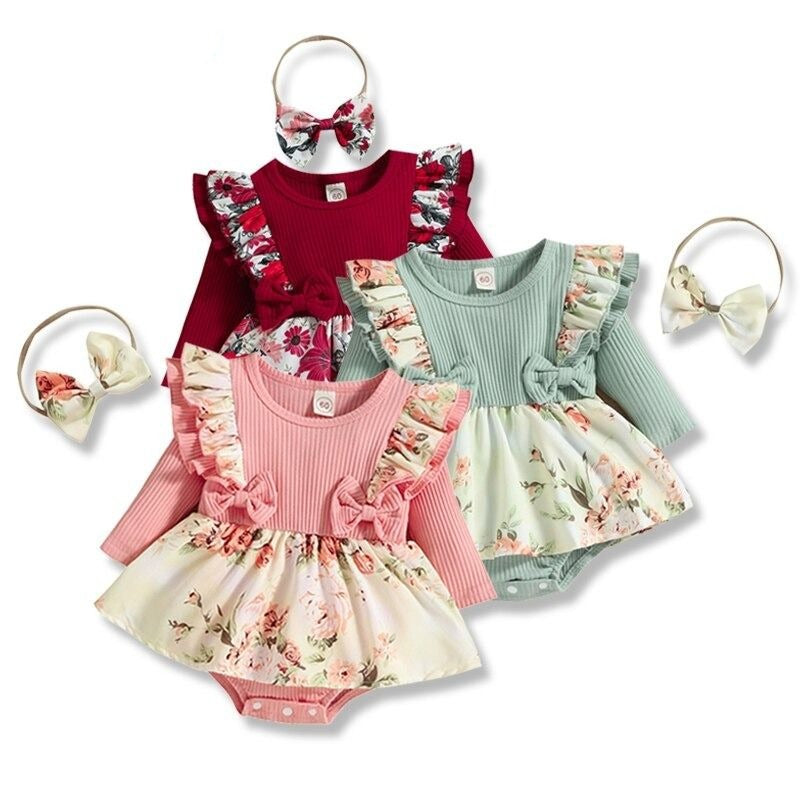 Girl's Floral Jumpsuit Dress With Headband Set-Children Cloth Shop
