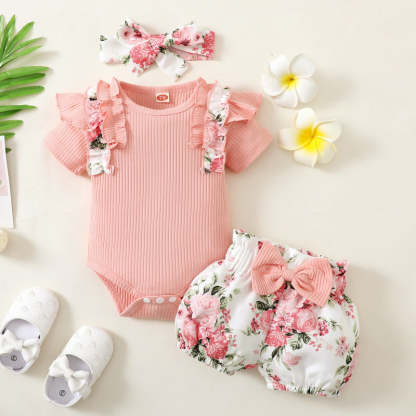Newborn Baby Girl Short Ruffled Sleeve 3 Pcs Clothes Set