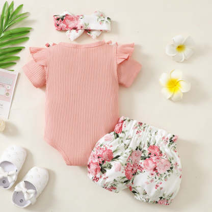 Newborn Baby Girl Short Ruffled Sleeve 3 Pcs Clothes Set