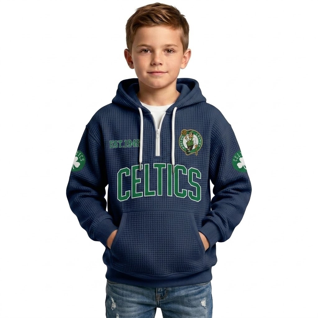 Boston Celtics EST 1946 Printed Waffle Quarter Zip Basketball Fan Hoodie For Kids