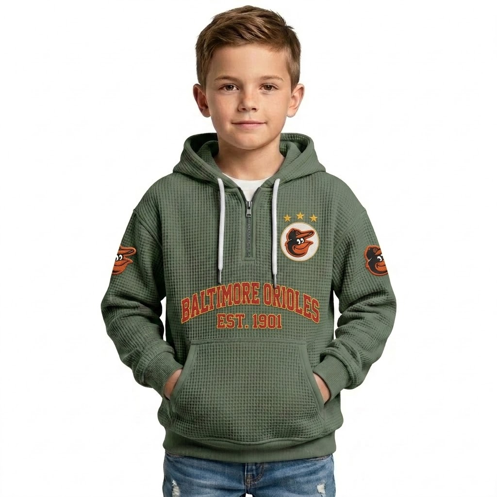 Baltimore Orioles EST 1901 Printed Waffle Quarter Zip Baseball Fan Hoodie For Kids