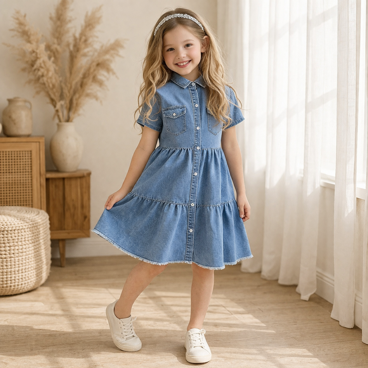 Casual Denim Dress With Short Sleeve And Button Detail For Girls