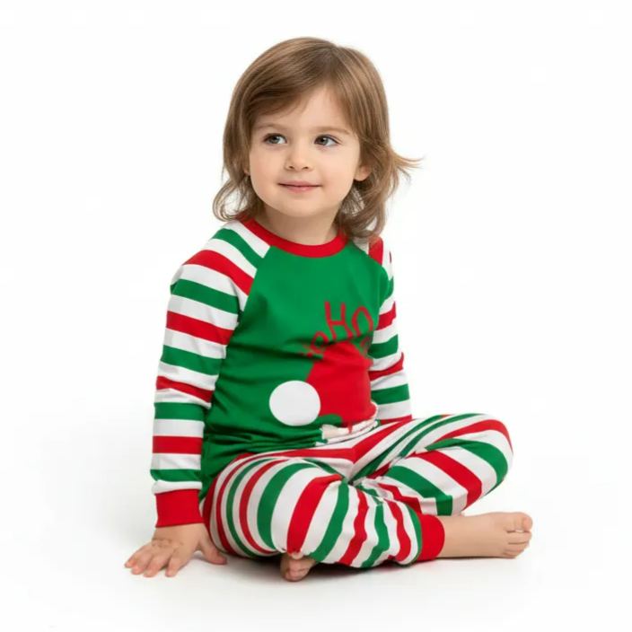 Flame Retardant Santa Striped Christmas Pajamas Set For Boys And Girls
