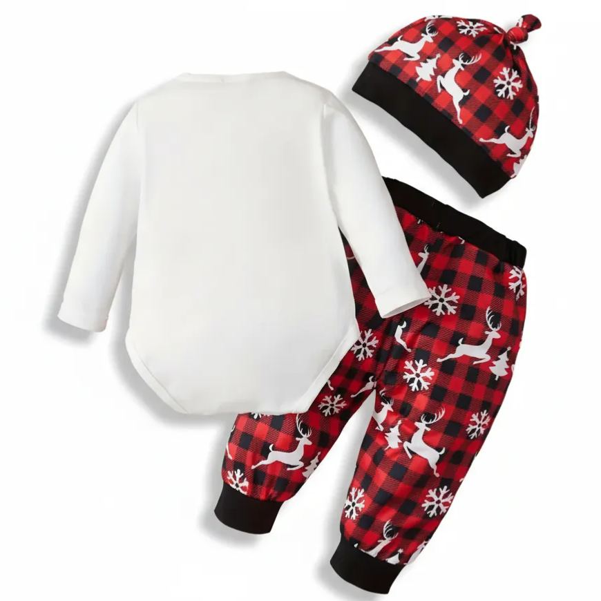  Christmas Reindeer Letter Print Long Sleeve Bowtie Gentleman Jumpsuit And Plaid Print Reindeer Round Neck Hat Three Piece Set