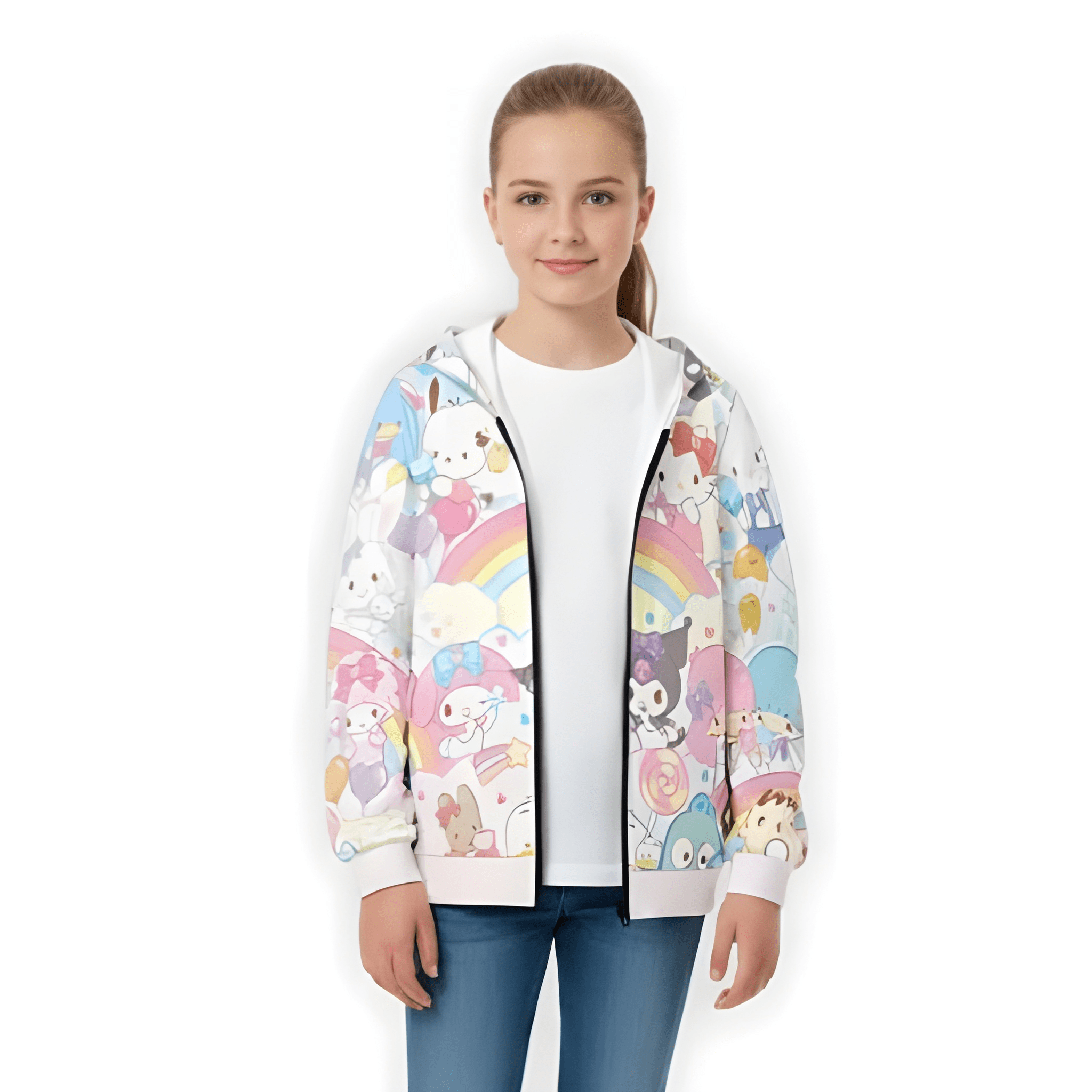 Pastel Rainbow 3D Printed Zip Hoodie For Girls