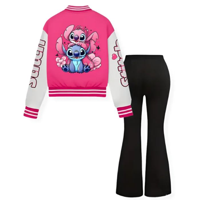 Stitch Floral Print Baseball Jacket And Bell Bottom Pants 2 Piece Set For Girls