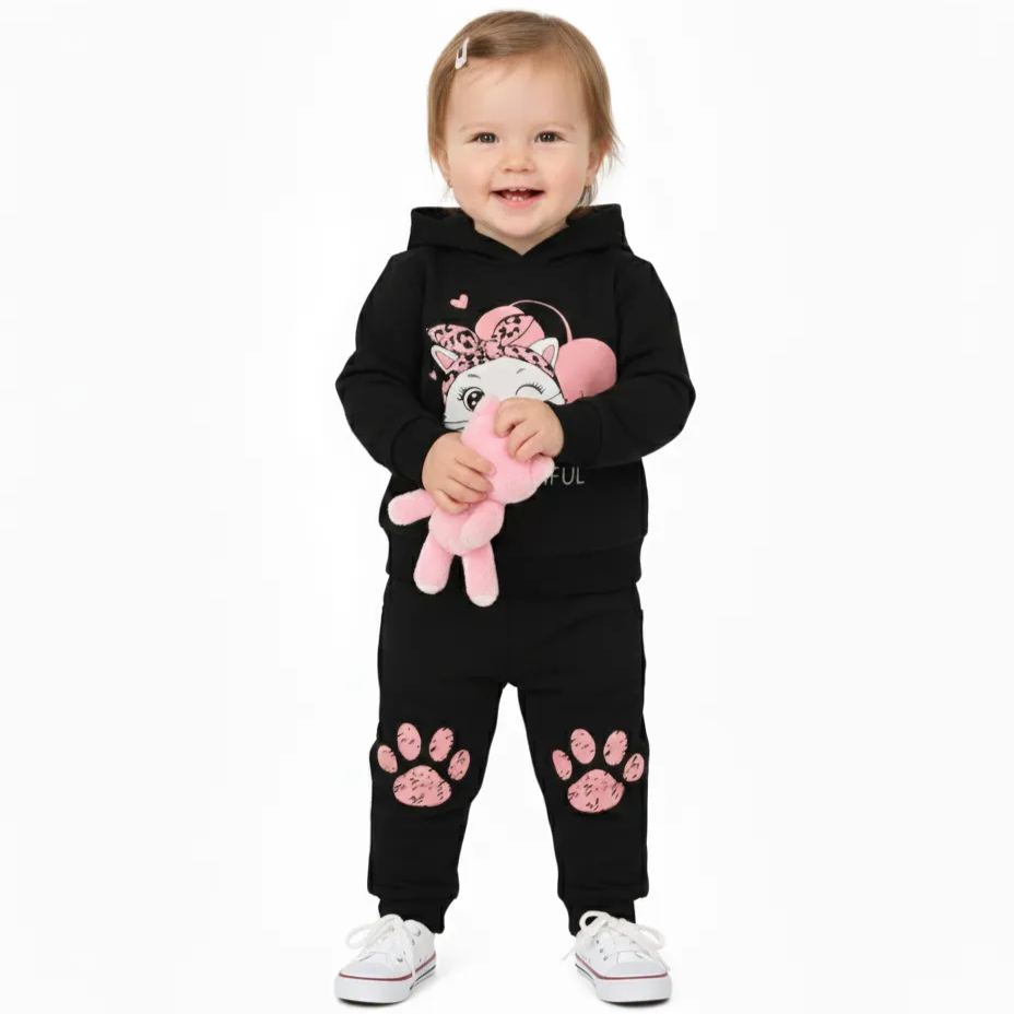 Cartoon Cat Paw Print Hooded Outfit Set