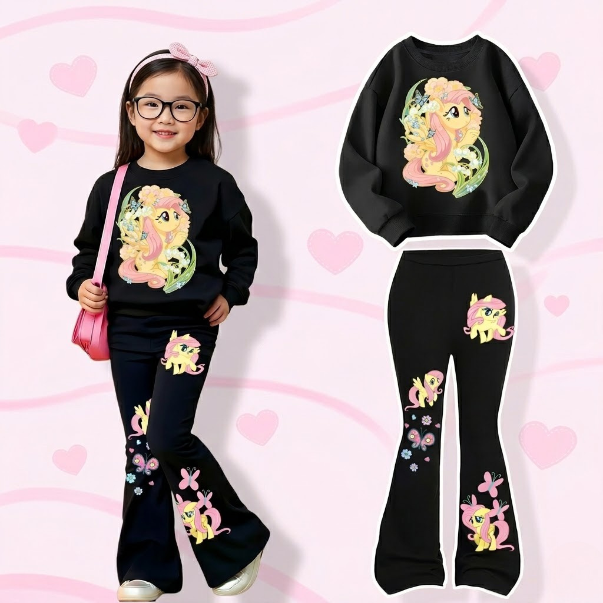 Fluttershy Design Printed Sweatshirt And Flared Pants Set For Girls