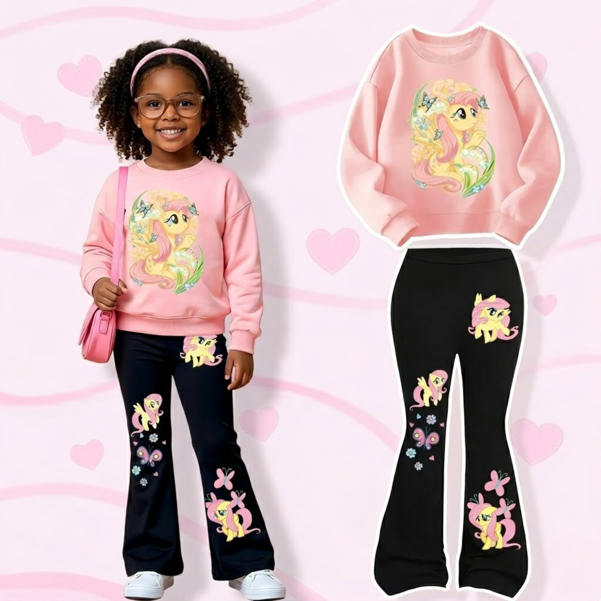 Fluttershy Design Printed Sweatshirt And Flared Pants Set For Girls