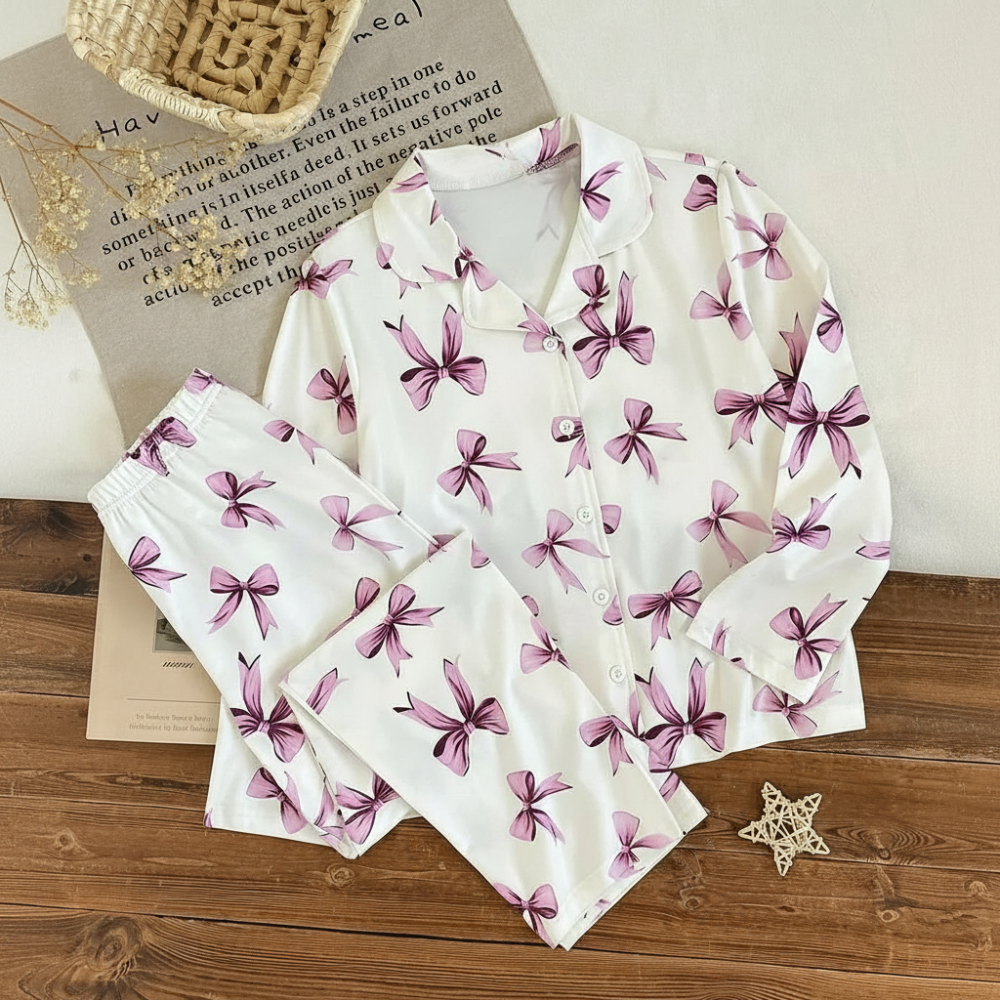 2 Piece Bow Printed Pajama Set With Long Sleeve Shirt And Pants For Girls