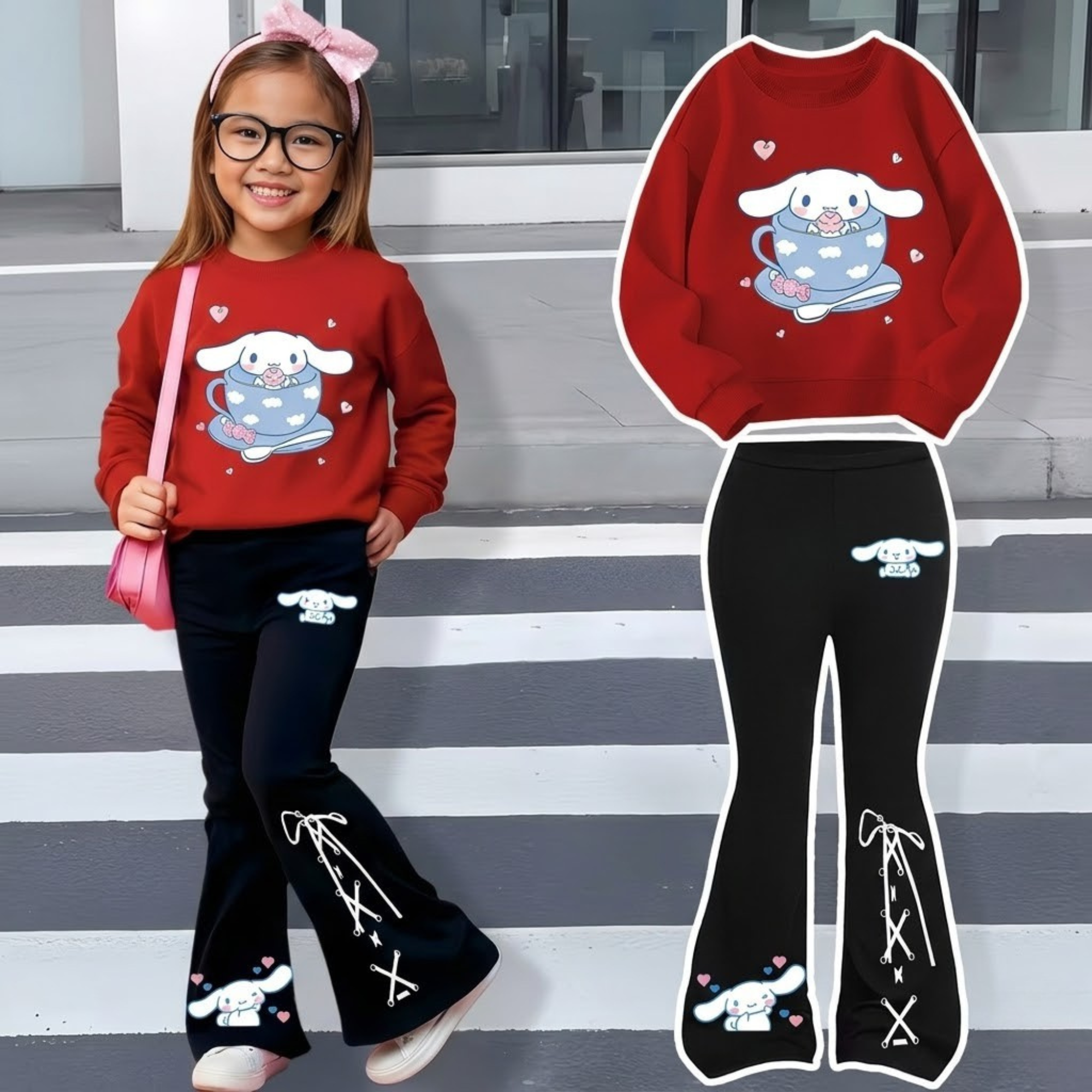 Cinnamoroll Design Printed Sweatshirt And Flared Pants Set For Girls 