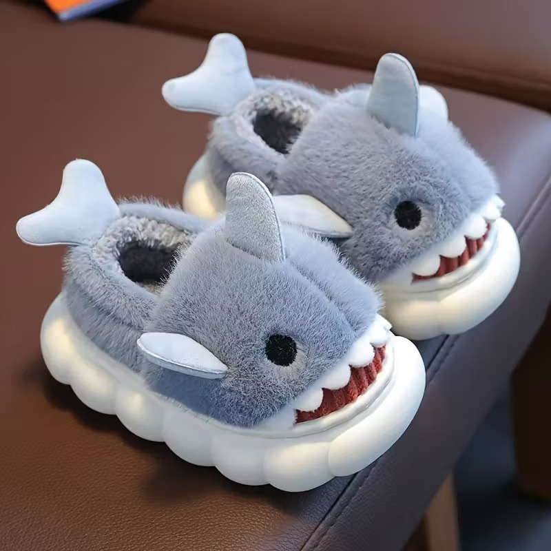 Cartoon Shark Plush Slippers With Fleece Lined Comfort