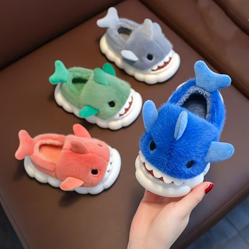 Cartoon Shark Plush Slippers With Fleece Lined Comfort