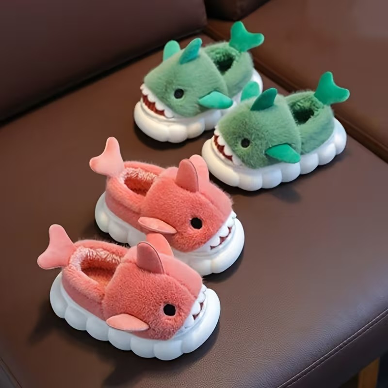 Cartoon Shark Plush Slippers With Fleece Lined Comfort