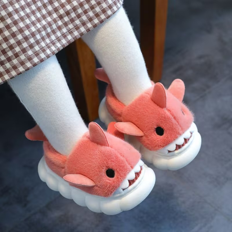 Cartoon Shark Plush Slippers With Fleece Lined Comfort