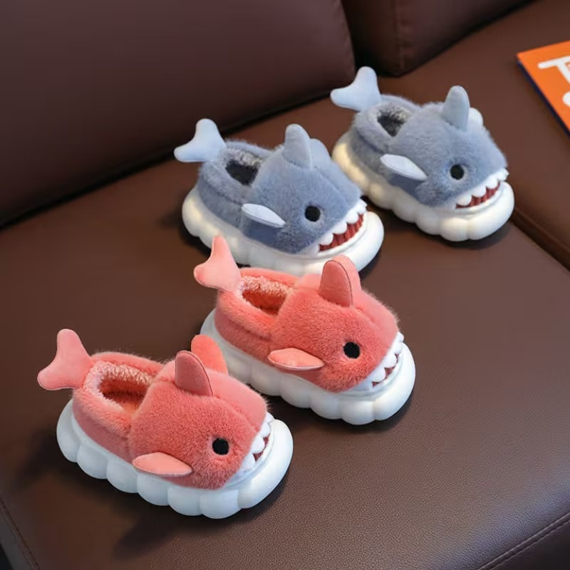 Cartoon Shark Plush Slippers With Fleece Lined Comfort