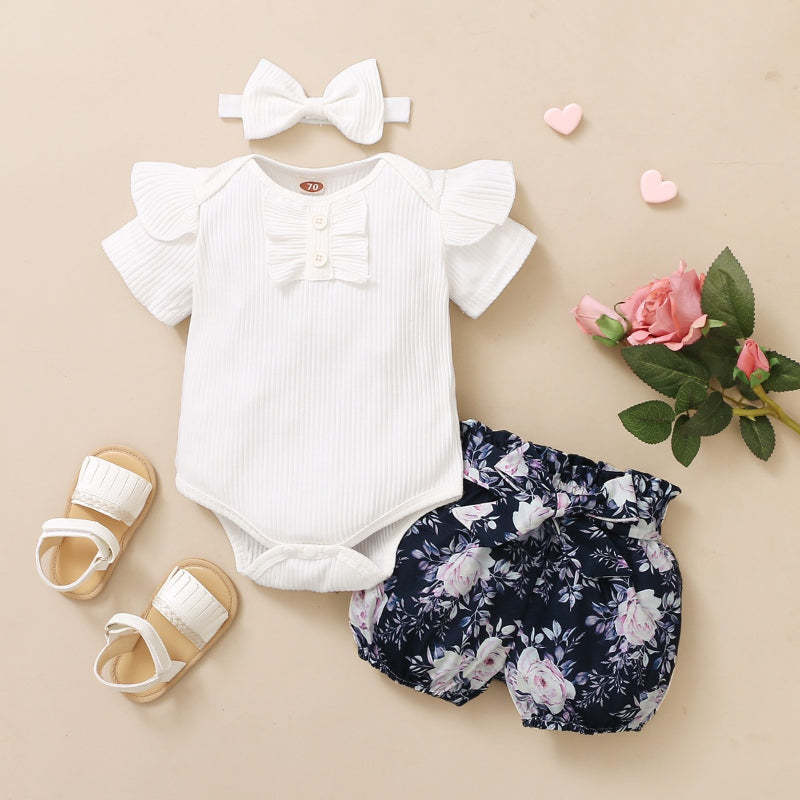 Newborn Baby Girl Short Ruffled Sleeve 3 Pcs Clothes Set