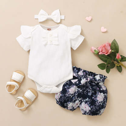 Newborn Baby Girl Short Ruffled Sleeve 3 Pcs Clothes Set