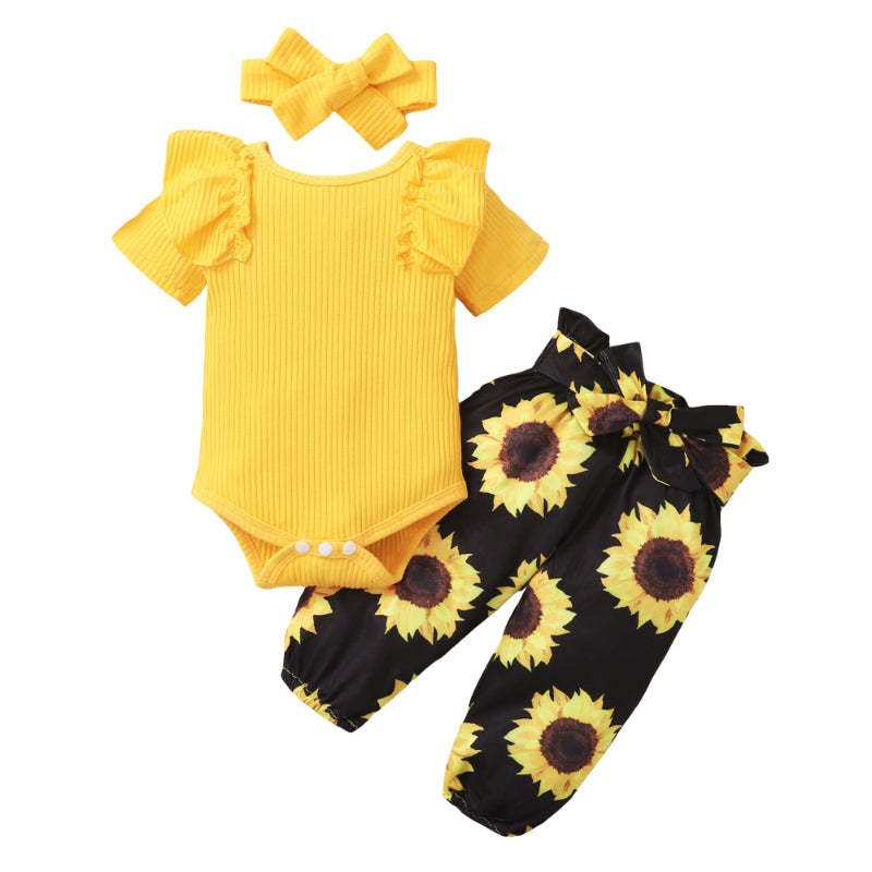 Newborn Baby Girl Short Ruffled Sleeve 3 Pcs Floral Pants Set-Children Cloth Shop